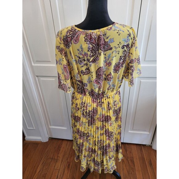Yellow Paisley Faux Wrap Dress and Slip Pleated Sheer XL Boho Cottage TradWife - Picture 6 of 9